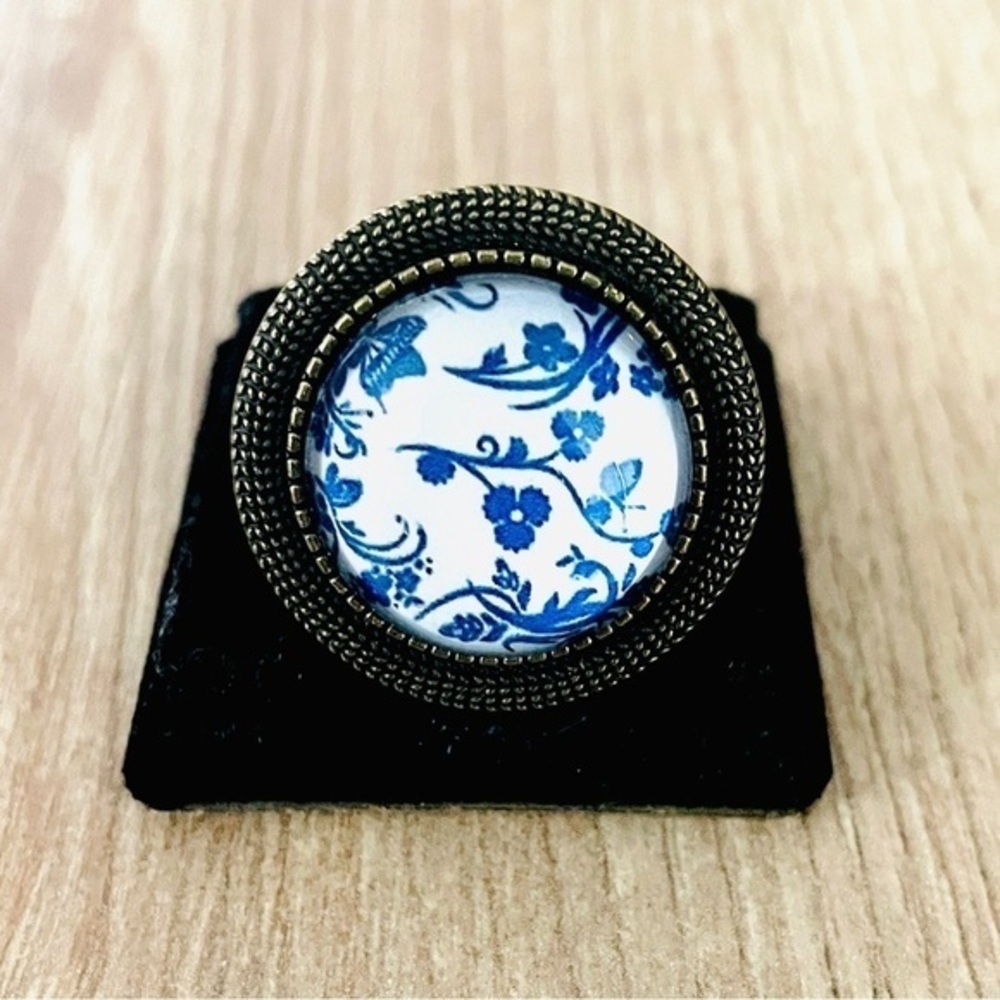 White and Blue Floral Print Victorian Style Adjustable Ring, Handmade, NWT